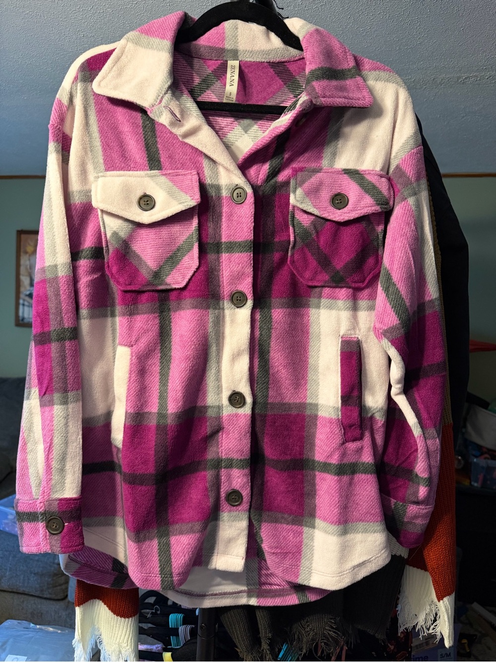 Zenana Outfitters Pink and White Plaid Teddy Shacket